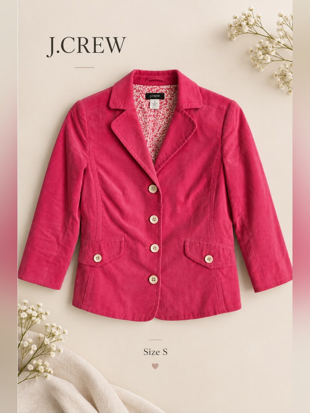 🩷EUC J. Crew Fuchsia Corduroy Cropped Blazer, Size S -Slim Fit
